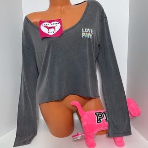 Victoria’s Secret PINK XS S L Logo Long-sleeve Shirt Cropped V-neck Distressed